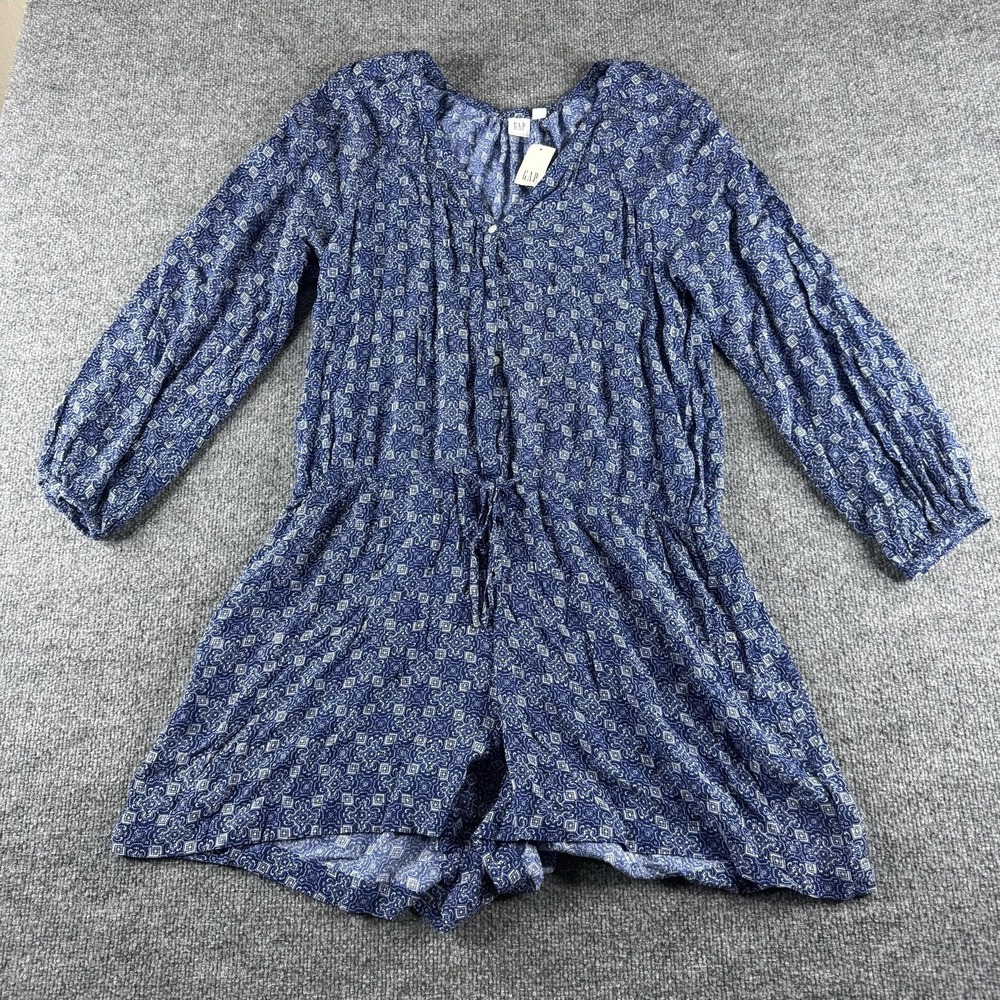 Gap Romper Womens M Blue Geometric Long Sleeve V Neck Rayon Button Artsy
